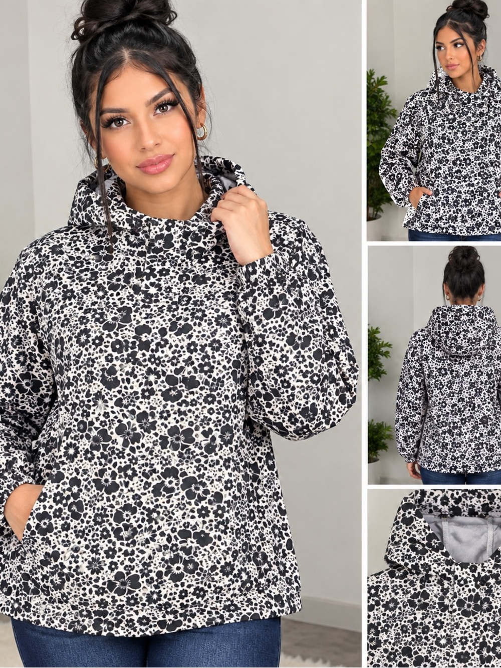 Duluth Trading Co Black & White Floral Hooded Pullover
